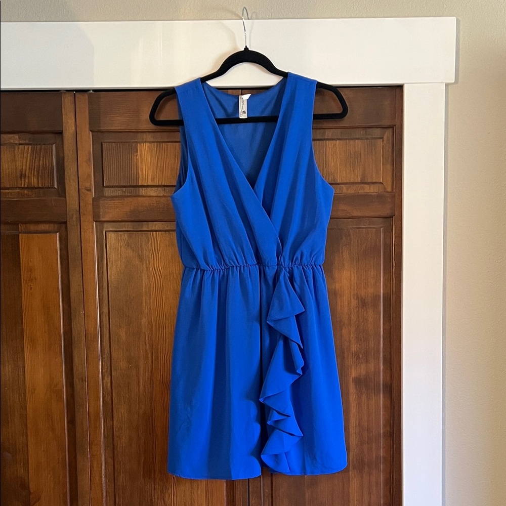 Pink Owl Sleeveless Royal Blue Ruffle Wrap Mini Dress